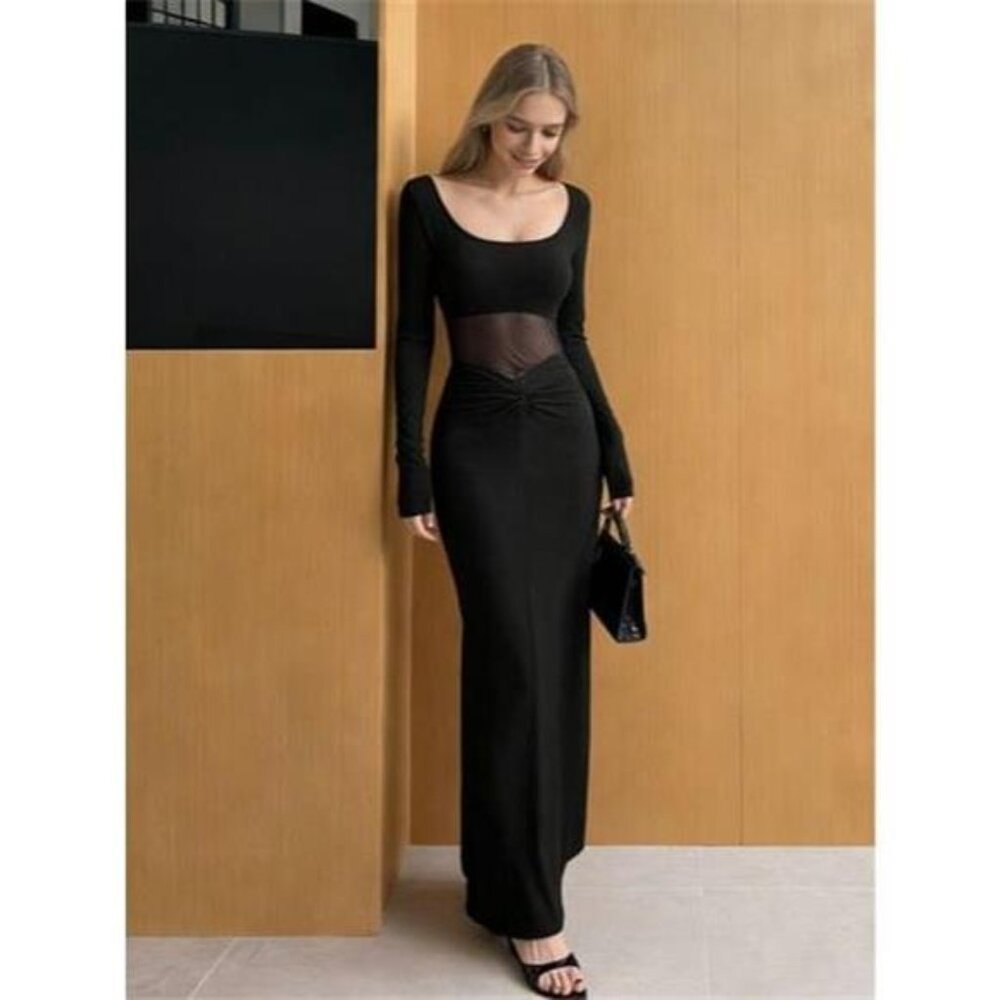 Sheer Mesh Panel Long Sleeve Maxi Dress